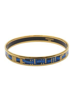 Hermes Bracelet Enamel PM Metal Blue Gold Black Cloisonne Ribbon